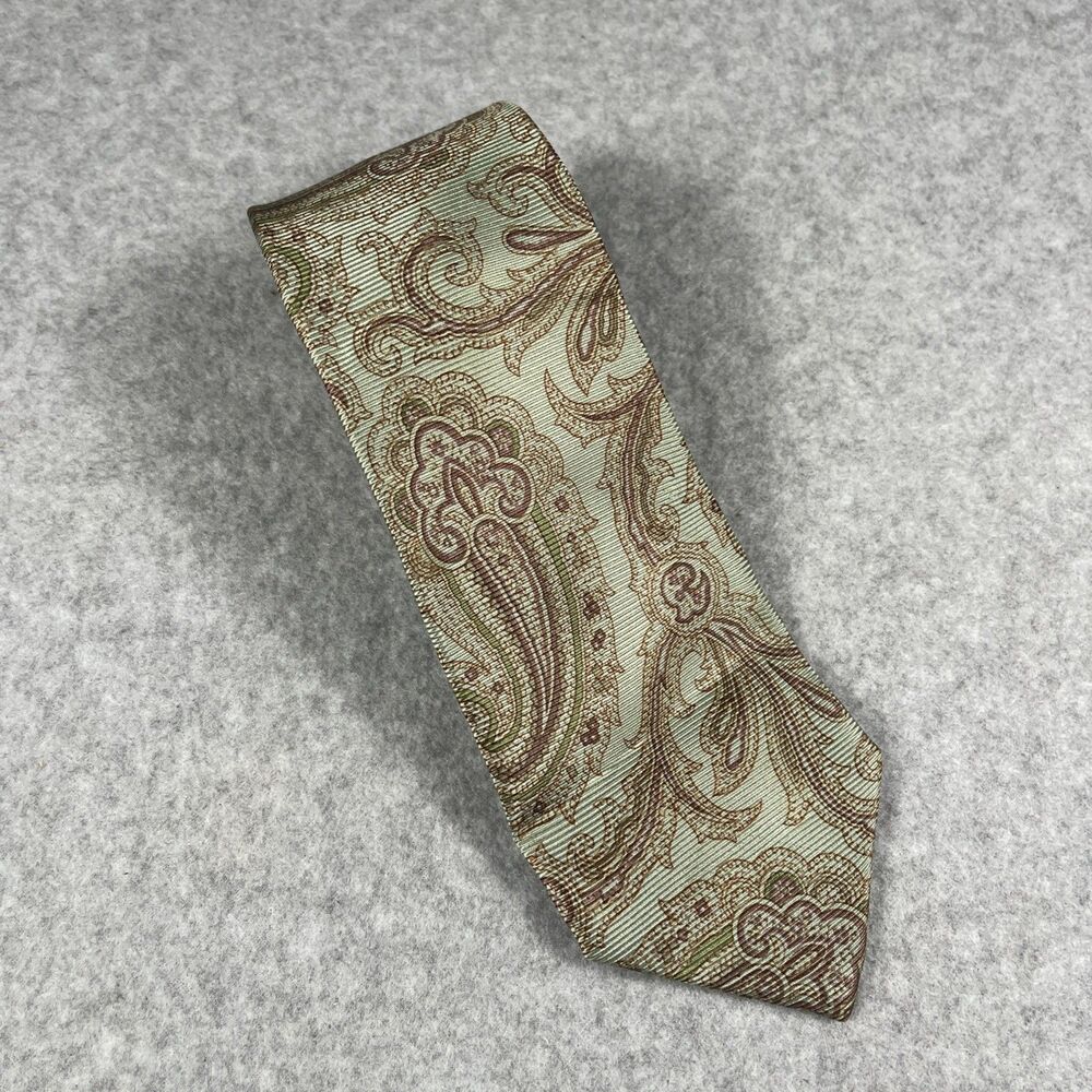 Barneys New York Silk Necktie Sage Green Red Olive Paisley Vintage Italian